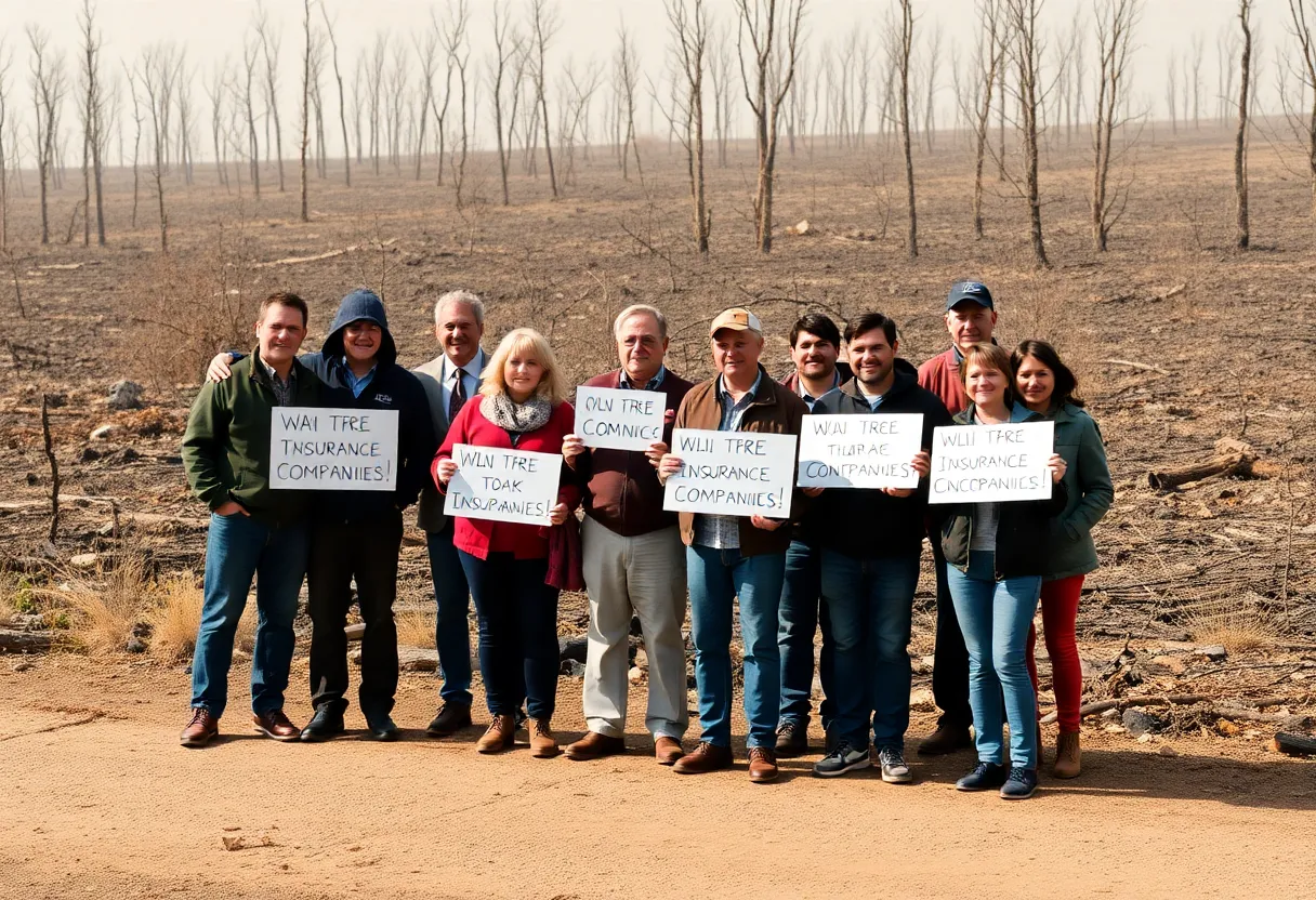 Group of homeowners protesting against insurance companies after wildfires.